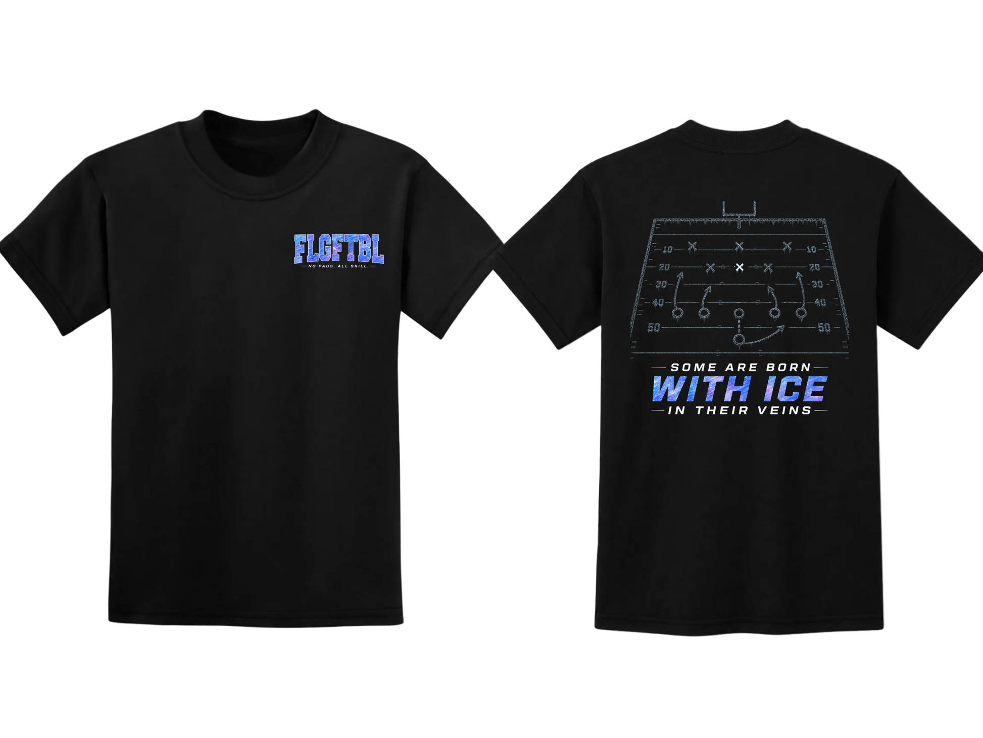 Black short-sleeve t-shirt shown from the front and back on a white background. The front features a small blue and white 'FLAFTBL' logo on the left chest.