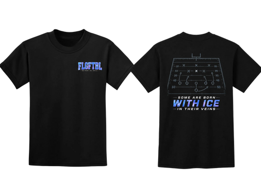 Black short-sleeve t-shirt shown from the front and back on a white background. The front features a small blue and white 'FLAFTBL' logo on the left chest.