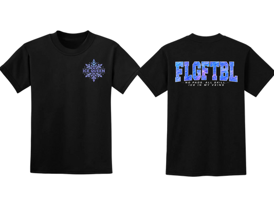 A black short-sleeve t-shirt shown from both the front and back. The front features a small blue and purple glittery snowflake graphic with the text 'ICE QUEEN' underneath.